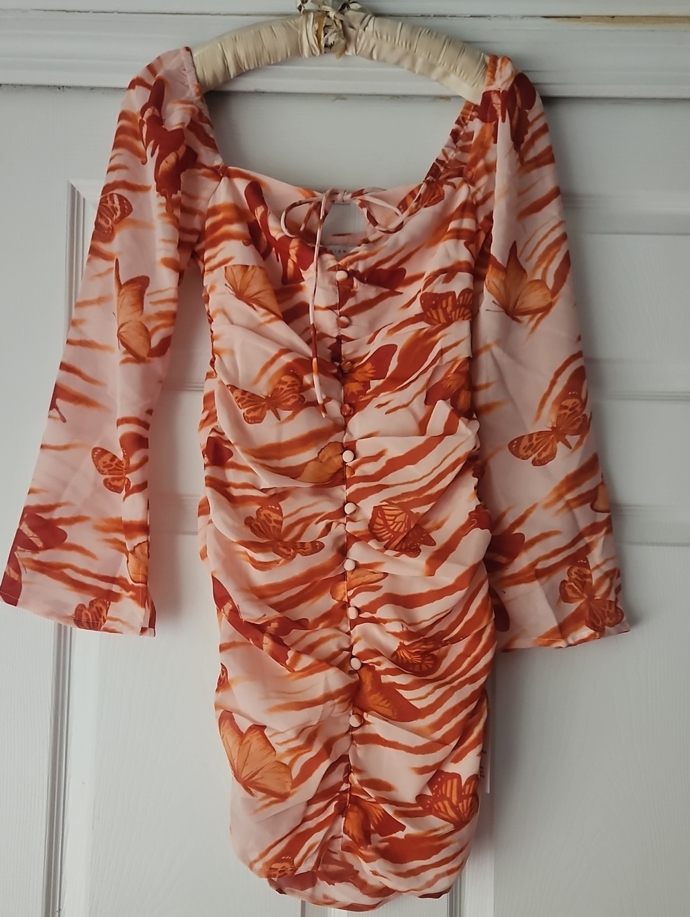 Ruched Butterfly Print Off-Shoulder Dress in Peachy Orange